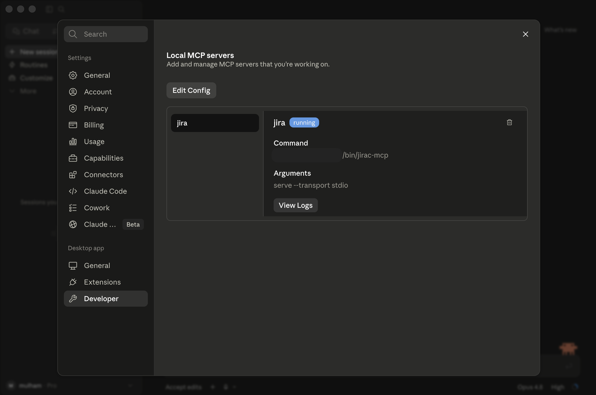 Claude Desktop showing jira MCP server running with command /bin/jirac-mcp serve --transport stdio