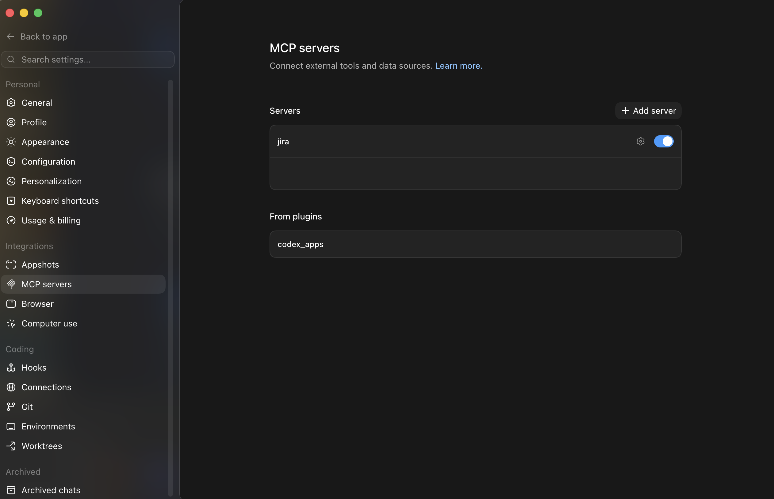 Codex MCP servers settings showing jira server enabled
